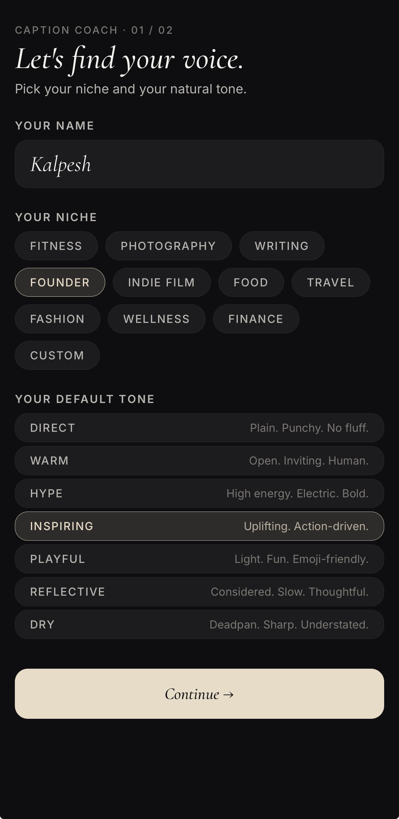 Caption Coach AI — Let's find your voice onboarding screen