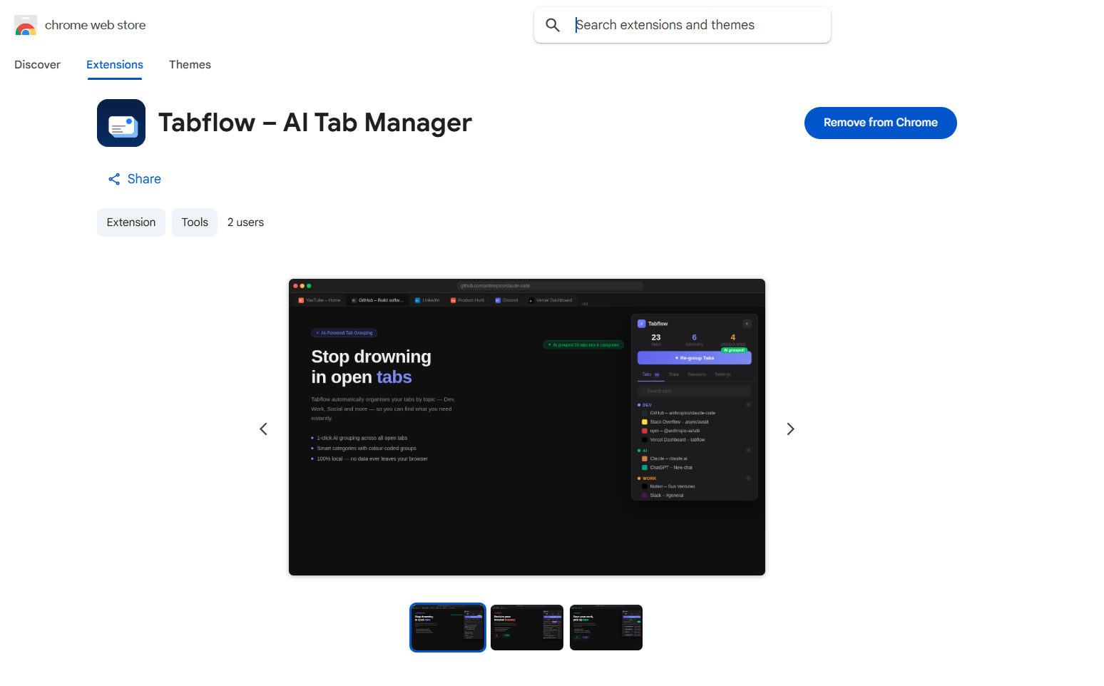 Tabflow grouping open Chrome tabs by topic into colour-coded groups